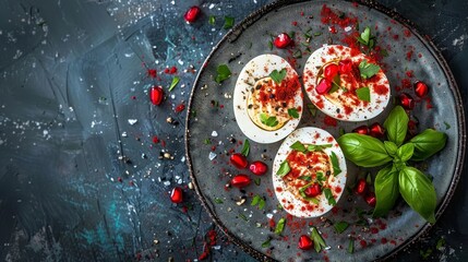 Three Deviled Eggs Garnished with Red Pepper, Herbs, And Pomegranate Seeds, On Dark Background
