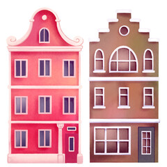 Naklejka premium Two Amsterdam houses facade illustration. Hand painted cute cartoon europen historic houses front view. Pink and brown brick wall, detailed exterior, large windows