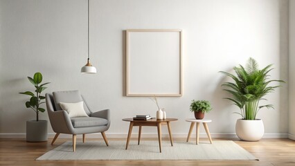 Simplistic elegance defines this interior, where a single, empty frame on a pristine wall serves as a thoughtful