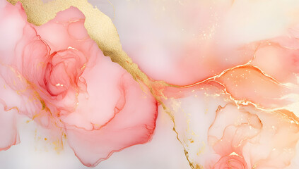 White, Soft pink, and old pink roses accent marble texture with gold veins, alcohol ink background, luxury wallpaper, elegant design for interior decoration, wall mural or poster print, close-up.