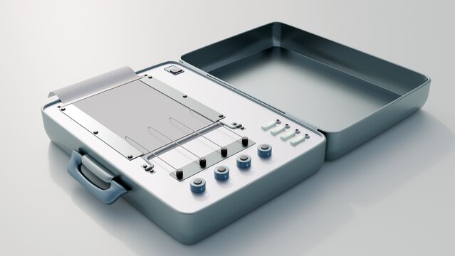 A 3D rendering of an antique polygraph machine, isolated on a white background.