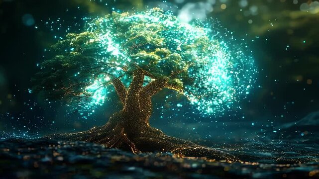 Luminous tree is growing, representing the power of compound interest and long term financial investments. The magical atmosphere evokes prosperity and abundance