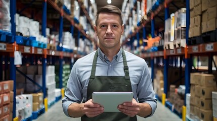 A middle-aged man standing in a warehouse, holding a tablet computer. He is wearing a gray shirt and a green apron. The background contains shelves filled with goods. 