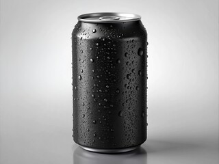 Sleek black aluminum beverage can with customizable label and condensation droplets glistens in the sunlight, its