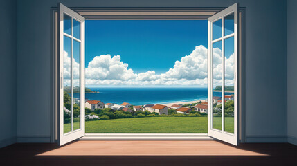 Fototapeta premium Coastal Town Serenity, A vibrant room with an open door revealing lush green lawns, azure sea, charming seaside houses, and a picturesque sky filled with fluffy white clouds.