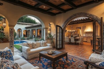 Obraz premium A cozy outdoor living space with a pool, elegant furnishings, and a dining area.