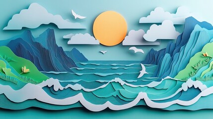 19. A 3D paper cut art of the Jeju Island in South Korea, with towering cliffs and ocean waves crashing against the shore, set on a solid backdrop