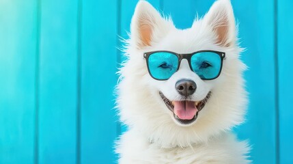 Fototapeta premium Happy Dog Wearing Sunglasses on Blue Background