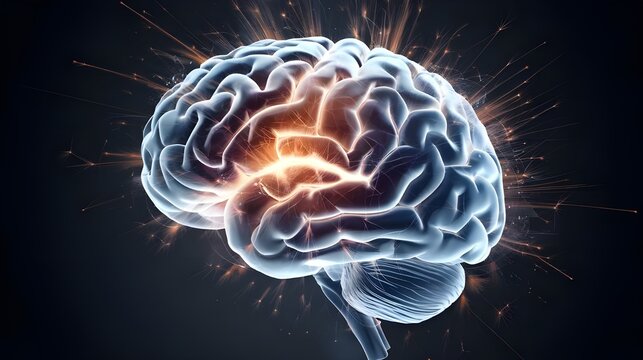 A concept art piece of a human brain exploding with knowledge and creativity. The brain is shown in a cross-section view, with the grey and white matter visible