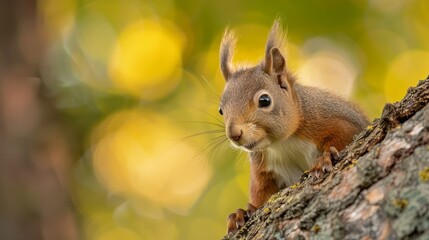 Obraz premium Squirrel at tree trunk, gazing at camera in surprise