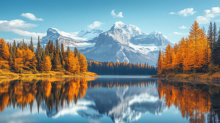 A breathtaking view of snow-capped mountains reflecting perfectly in a crystal-clear lake, with vibrant autumn trees framing the picturesque scene, showcasing the beauty of nature.