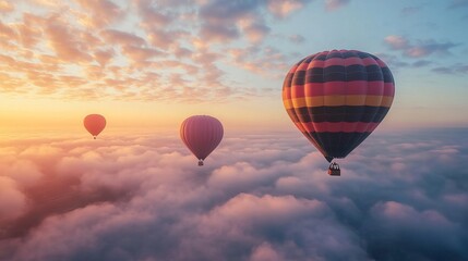 Obraz premium Witness the enchanting world of hot air ballooning through captivating images that showcase the awe-inspiring beauty of this aerial dance. Experience the tranquility of floating above the clouds