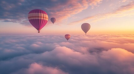 Obraz premium Witness the enchanting world of hot air ballooning through captivating images that showcase the awe-inspiring beauty of this aerial dance. Experience the tranquility of floating above the clouds