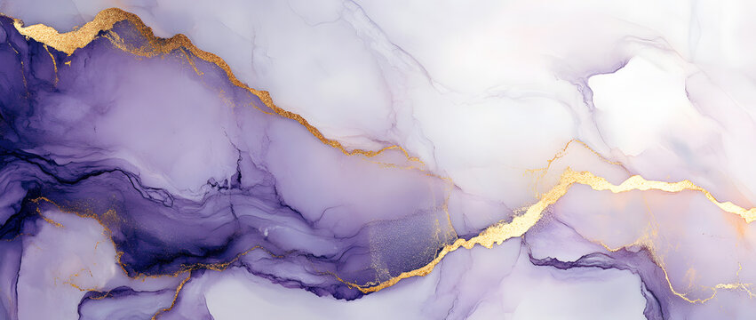 White, Soft purple, and luxury dark purple accent marble texture with gold veins, alcohol ink background, luxury wallpaper, elegant design for interior decoration, wall mural or poster print, close-up