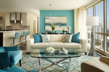 Fototapeta premium Modern living room with stylish decor and vibrant colors, showcasing comfort and elegance.