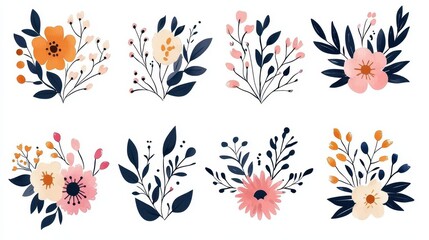 Obraz premium Watercolor Floral Clipart Set Pink Orange Blue Flowers Botanical Illustration Design Elements