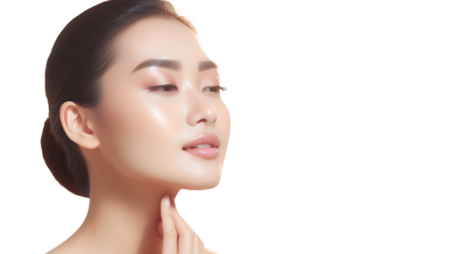 Pretty young asian woman with clean perfect touching her face on transparent background PNG.