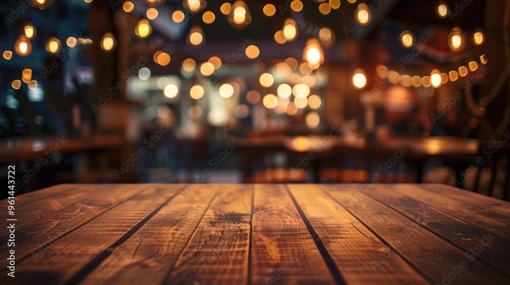 Canvas Prints Wooden table with blurred restaurant lights in the background