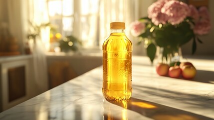 fresh apple juice bottle on a bright kitchen table with a window view in the background new beautiful stock image illustration AI