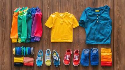 A colorful flat lay of childrenas clothes with rainbow-colored shirts, pants, and shoes, displayed on a wooden floor.