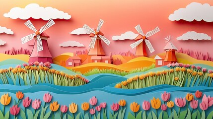 Obraz premium 13. A 3D paper cut art of the windmills of the Netherlands, with layered fields of tulips and water channels, all set against a solid sky background