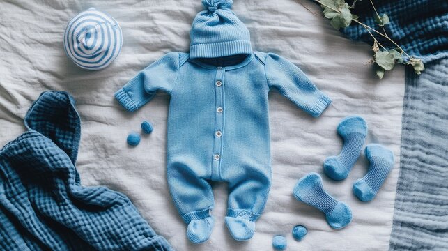 A flat lay of baby boyas clothing, including a blue romper, socks, and a tiny hat, styled on a baby blanket.