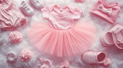 A set of baby girl clothes, highlighting a pink tutu skirt as the focal point, surrounded by matching tops, shoes, and hairbands on a fluffy surface.