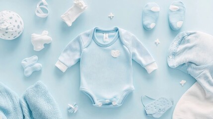 A set of baby clothing essentials, with a focal point on a soft blanket, surrounded by a onesie, bib, and tiny socks on a light blue background.
