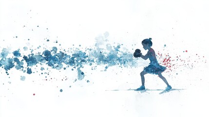 Fototapeta premium Watercolor Silhouette of a Female Boxer with Blue and Red Splashes