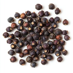 Obraz premium Close-up of black peppercorns on white background.