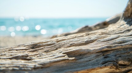 Closeup of Driftwood on a Sandy Beach with Blurred Ocean in Background