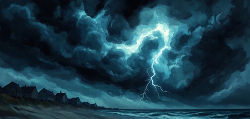 Naklejka premium Dramatic thunderstorm with dark clouds and striking lightning over a serene beach, creating a vibrant and intense atmosphere.