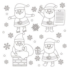 Cartoon funny Christmas snowman character coloring page for kids. Winter holiday printable pattern sketch. Color the contour Xmas character. New Year vector illustration.