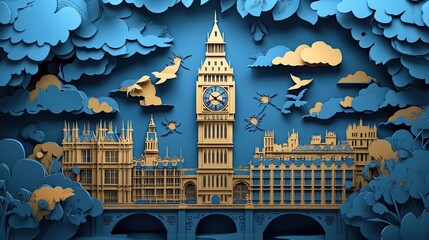 3. A 3D paper cut art of Big Ben in London, with intricate clock details and surrounding Victorian architecture, placed on a solid background