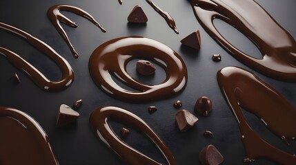 A set of delicious melted chocolate smears. There are multiple smears of chocolate on a dark surface. 