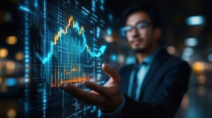 Businessman presenting rising stock market data. Businessman in focus presents digital stock market data, showcasing growth and upward trends in a technology-driven business environment.