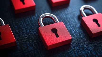 Red padlocks arranged on a digital background symbolizing security, privacy, and protection in the modern world.