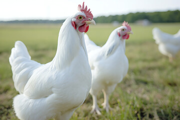 Fototapeta premium A serene white chicken farm featuring pristine White Leghorn and Skyline hens, all ready and active