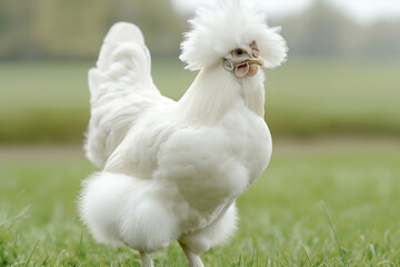 Fototapeta premium A serene white chicken farm featuring pristine White Leghorn and Skyline hens, all ready and active