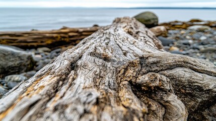 Fototapeta premium Close Up of Driftwood on a Beach with Ocean in Background
