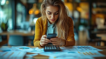 Fototapeta premium Young professional calculating finances using phone. Young professional is calculating finances, using a smartphone and a calculator surrounded by financial reports and graphs.