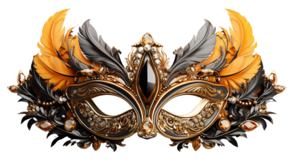 classic masquerade feather eye party mask, studio view, isolated on transparent background.