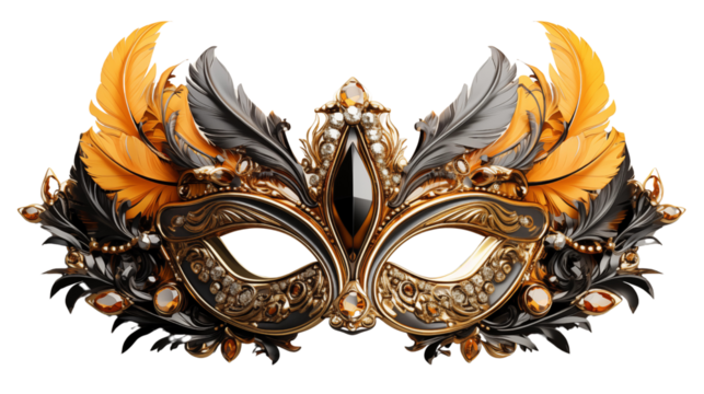 classic masquerade feather eye party mask, studio view, isolated on transparent background.