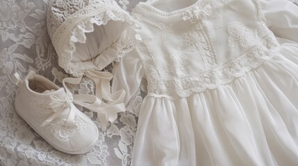 Flat lay of a baby's christening outfit, focusing on a delicate white gown, arranged with a bonnet and soft booties on a lace fabric.