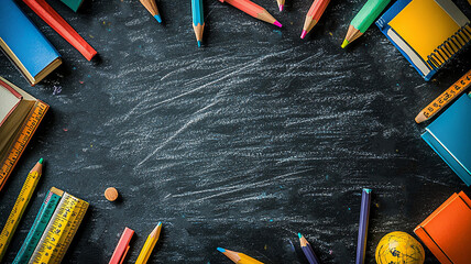 Chalkboard texture background with colorful doodles of books, rulers, and pencils, along with inspirational quotes, flat vector style, for Teacher Appreciation Day.