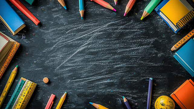 Chalkboard texture background with colorful doodles of books, rulers, and pencils, along with inspirational quotes, flat vector style, for Teacher Appreciation Day.