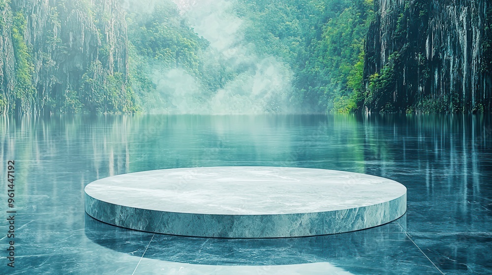 Wall mural Marble Pedestal Product Display with Water Reflection and Foggy Forest Background