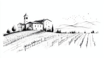 Obraz premium Ink Drawing of a Farmhouse with Vineyards in the Countryside