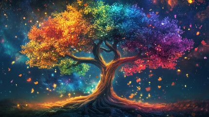 Fototapeta premium Imponujące drzewo życia, które w swojej pełnej okazałości odzwierciedla idee indywidualności, obfitości i osobistego rozwoju.