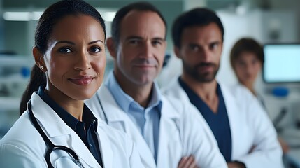 Four medical researchers in a lab setting, diverse team, white coats and scrubs, bright modern environment, medical instruments in the background, no stethoscope, High quality, sharp images